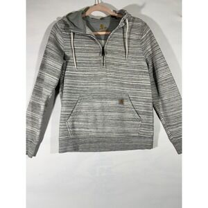 Carhartt Women Striped Quarter Zip Hooded Sweatshirt Relaxed Fit Cozy Gray Sz S